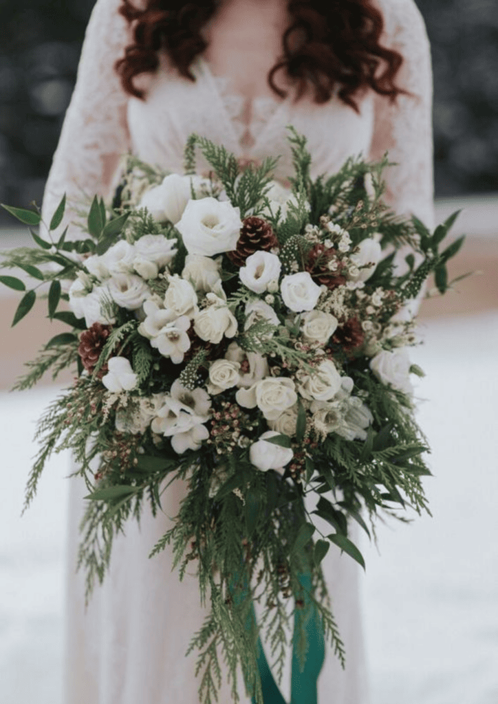 Winter foliage like pinecones and ribbon can add a textured touch to a bride's winter wedding bouquet.