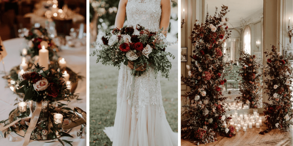 Rich tones of red, ruby and maroon can be combined to create a winter wedding trend that also brings a warm hue to the day.